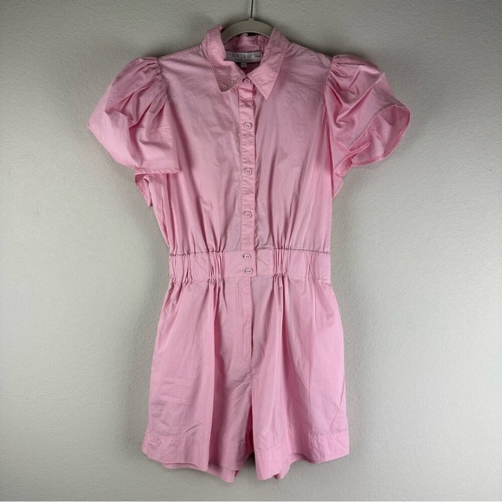 Hunter Bell Pink 100% Cotton Pia Short Puff Sleeve Button Front Romper Size 6